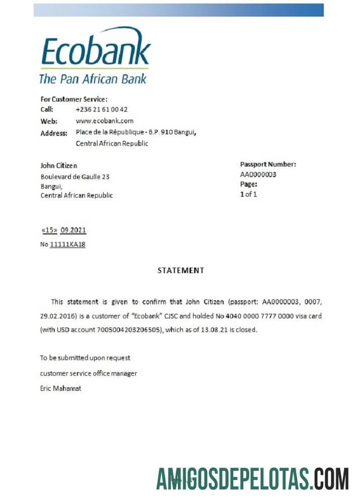 Referência de encerramento do Ecobank da República Centro-Africana exemplo